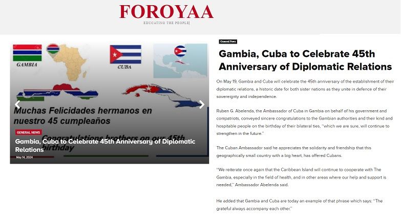 Today in the front page of the #Gambian newspaper: #Foroyaa #45GambiaCuba 🤝🇬🇲🇨🇺 #CubaAfrica foroyaa.net/gambia-cuba-to…
