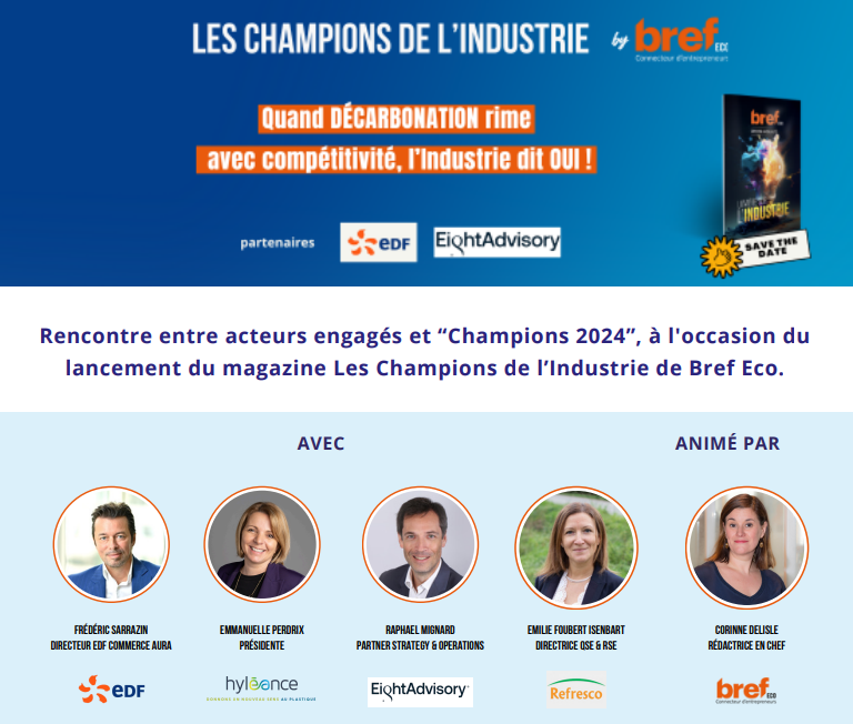 📢Lancement du tome 5 du magazine 'Les champions de l'#industrie' de @BrefEco 

'Quand #décarbonation rime avec #compétitivité, l'industrie dit OUI!' 👍 @FrSarrazin, Directeur EDF Commerce #AURA revient sur les solutions concrètes d'EDF pour accompagner les #entreprises.