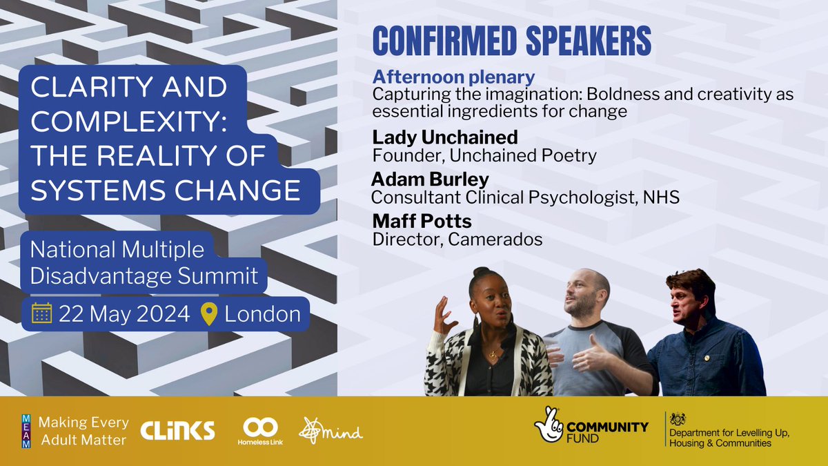 📢 We're very excited to announce the remaining lineup of speakers for the #MDSummit24 exploring the reality of transforming systems for people facing #MultipleDisadvantage! Read more &amp; book your place: bit.ly/3Sw2bNa 1/3