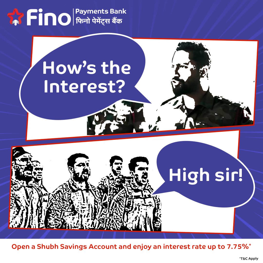 Open a Shubh Savings Account and enjoy an interest rate up to 7.75%*. Give a missed call to 7877788977 or click on the link - finobank.com/saving-account…

#FinoPaymentsBank #FikarNot #FinoBanker #DigitalBanking #SecureBanking #HarDinFino #FinoPay #AccountOpening #SavingsAccount