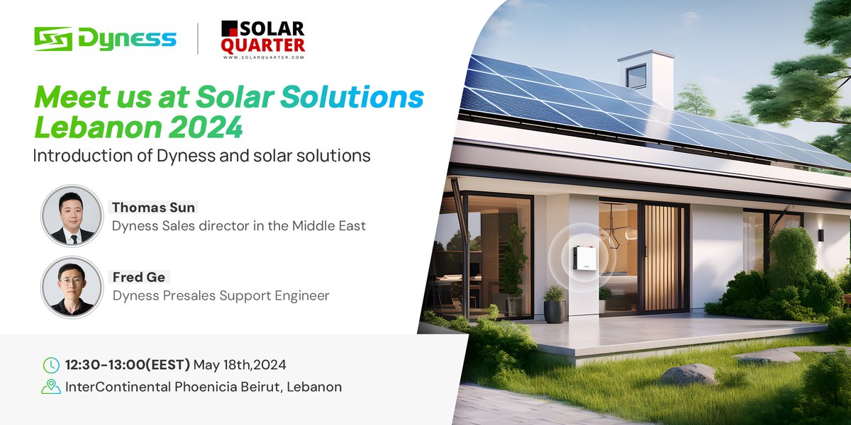☀️ An invitation from @SolarQuarter at Solar Solutions Lebanon 2024: ✅Date: May 18, 2024 ⏰Time: 11:00 AM (EEST) 📍Venue: Inter Continental Phoenicia, Beirut, Lebanon We look forward to seeing you!💚 #DynessPower #RenewableEnergyRevolution #CleanTech #SustainableFuture