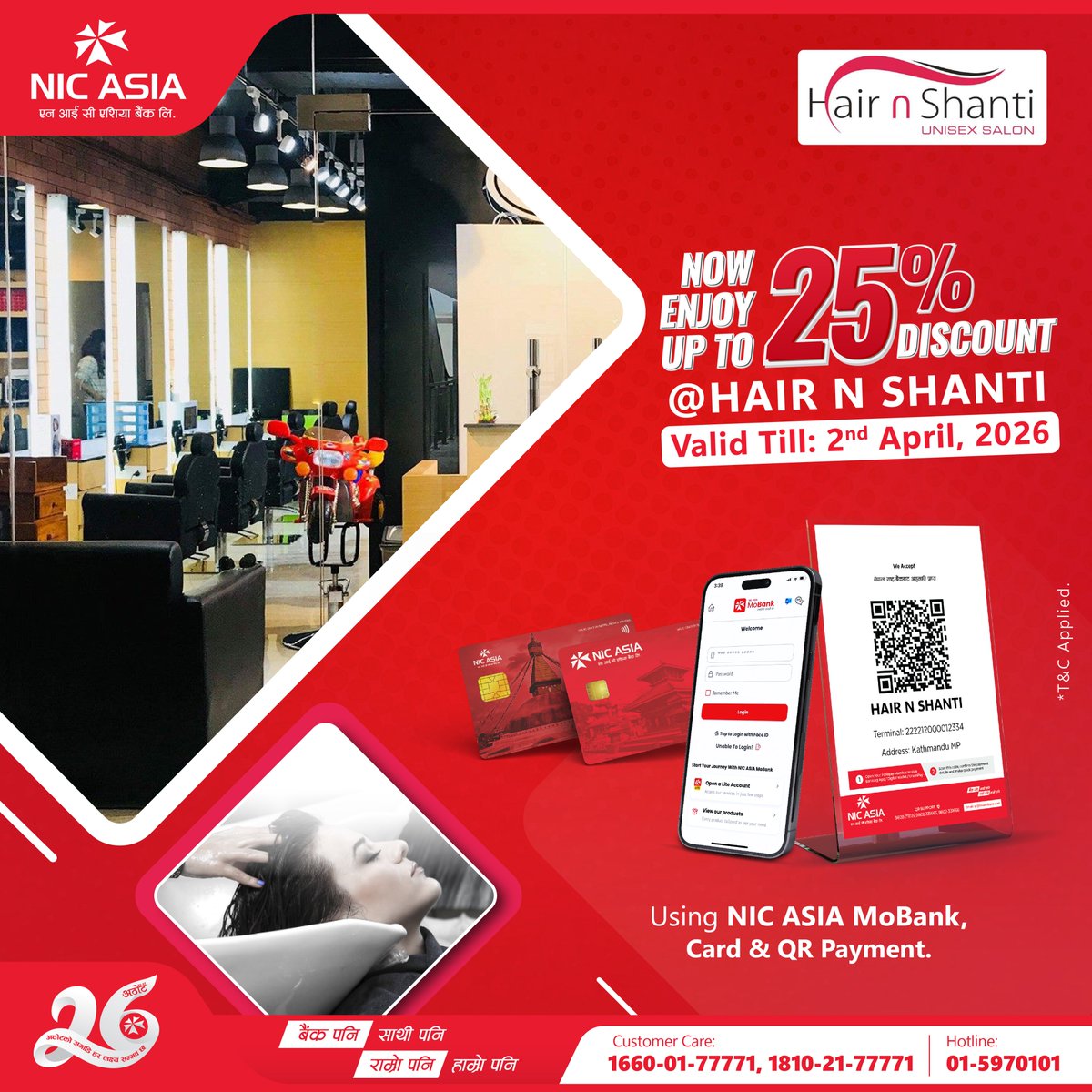 Find your style, find yourself at Hair n Shanti at Eyeplex Mall and enjoy upto 25% discount while making payment through NIC ASIA MoBank, Debit/Credit Cards And QR Payments. Offer Valid till 2nd April 2026.

👉Apply Card: bit.ly/43ooY1q

#NICASIABank #DigitalFirst