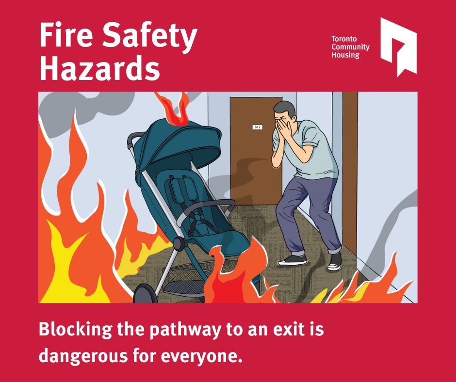 Blocking the pathway to an exit is dangerous for everyone. Bring items inside your unit to keep emergency exit pathways clear. Visit torontohousing.ca/firesafety for more important fire safety tips. #TCHC #FireSafety