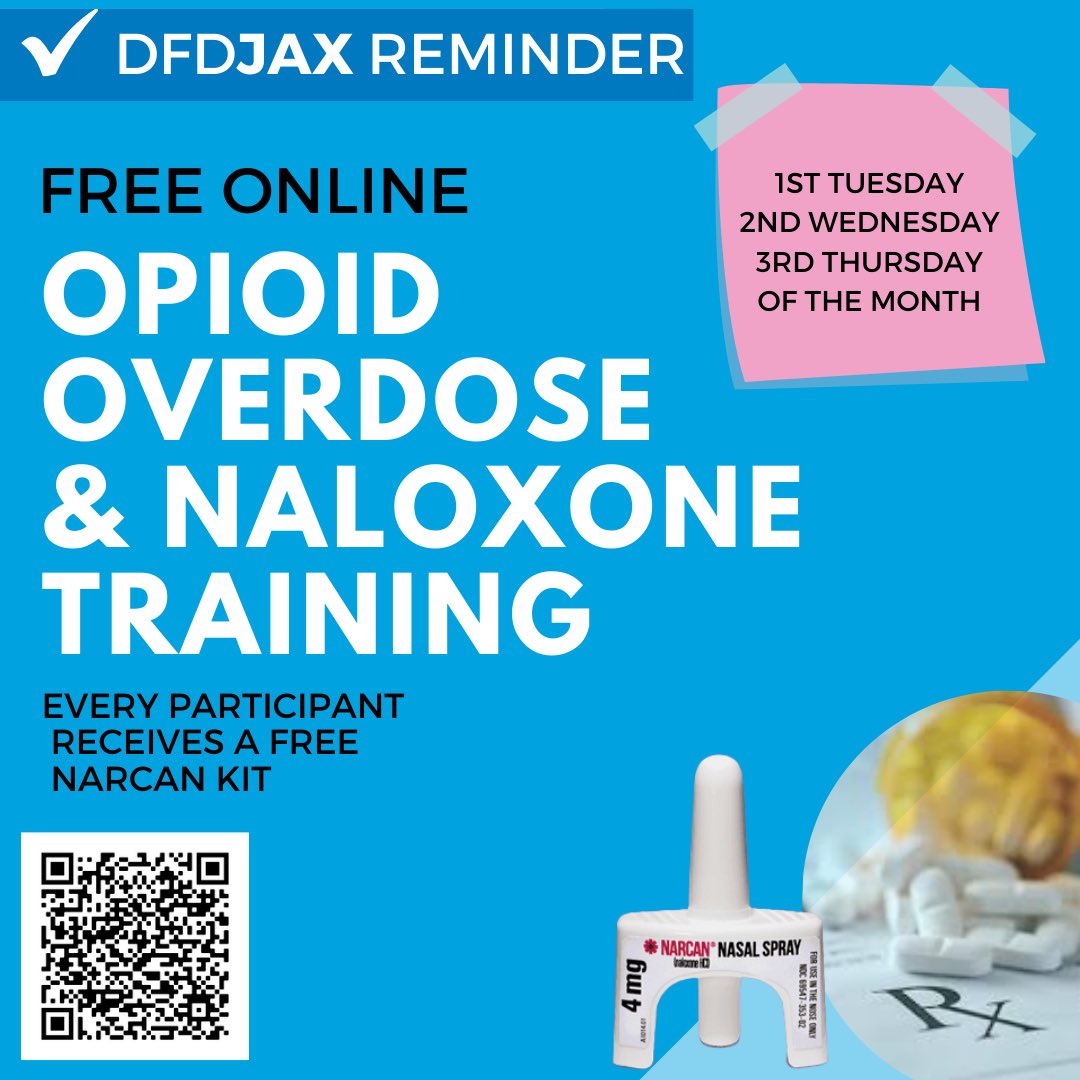 You don’t want to miss DFDJax’s FREE, life-saving training! 🗓️ Three times a month, we hold an online, virtual training educating participants on Opioid overdoses and how and when to use Narcan💊. Each participant receives a free Narcan kit. 📲 Register at Bit.ly/getnarcan