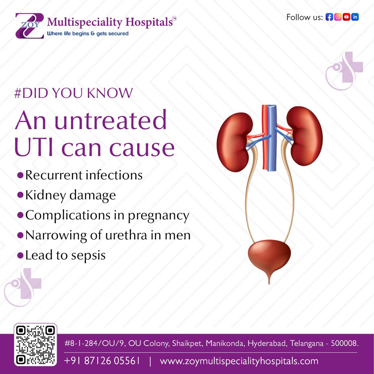 🔍 #DIDYOUKNOW neglecting a UTI can lead to serious health issues? 🚫 Don't risk it! Seek timely treatment at Zoy Multispeciality Hospital to avoid recurrent infections, kidney damage, and more. 🏥💊

#ZoyLove #UTIAwareness #HealthFacts #PreventInfections #kidneyhealth