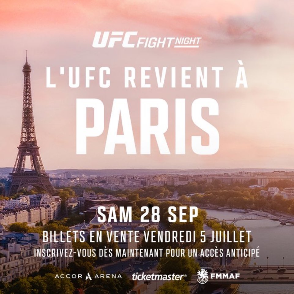 🟠🗞️| OFFICIEL 🚨

L’UFC revient à PARIS pour la 3e fois ! Rendez-vous le 28 septembre 2024 à l’Accor Arena de Paris 🤩🇫🇷