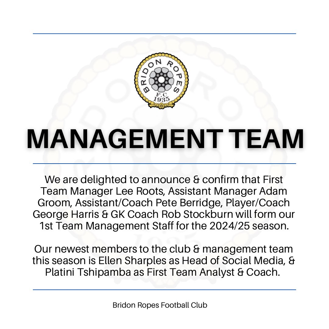 ✍️ 𝗖𝗟𝗨𝗕 𝗦𝗧𝗔𝗧𝗘𝗠𝗘𝗡𝗧: STAFF First Team Manager Lee Roots will be joined by Adam Groom, Peter Berridge, George Harris, Rob Stockburn, Platini Tshipamba & Ellen Sharples. @TheGafferNo1 @adamgroom25 @peteb0065 @robbie_stocks @GeorgeCPFC @PLATTSHIPAMBA #TheRopes 🔵