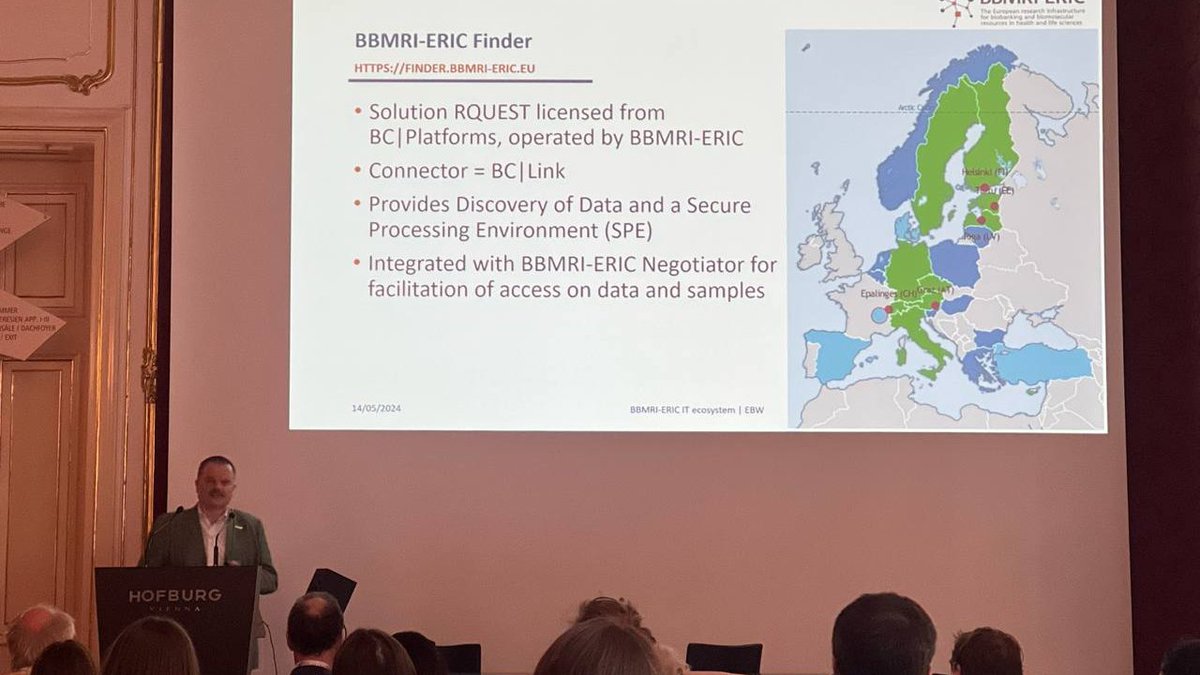 Kurt Majcen @BBMRIERIC presenting the #BBMRIERIC finder for the #IT #ecosystem #workshop @BiobankWeek in #Vienna 

#EBW2024 #biobanking #workshopday #IT #databases