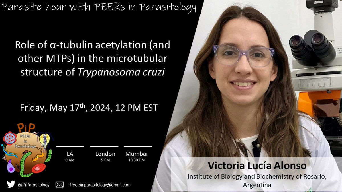 📢Parasite hour with PiP is coming up this Friday. Dr. Victoria Lucía Alonso, an associated researcher from the microscopy unit of the institute has a teaching position at the National University of Rosario. She focuses on the cytoskeleton of Trypanosoma cruzi. @parasitesrule