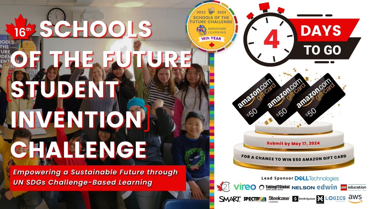 🌟 #Teachers, transform your classroom! 🚀
 Only 4 days left to enter the Canada’s Schools of the Future Student Innovation Challenge!
 🏫 Inspire innovation & qualify to win a Classroom Makeover!
 🔗 mindsharelearning.ca/schools-of-the… #SDGs 
 #CDNedu #FutureReady #EdTech #CIW24!