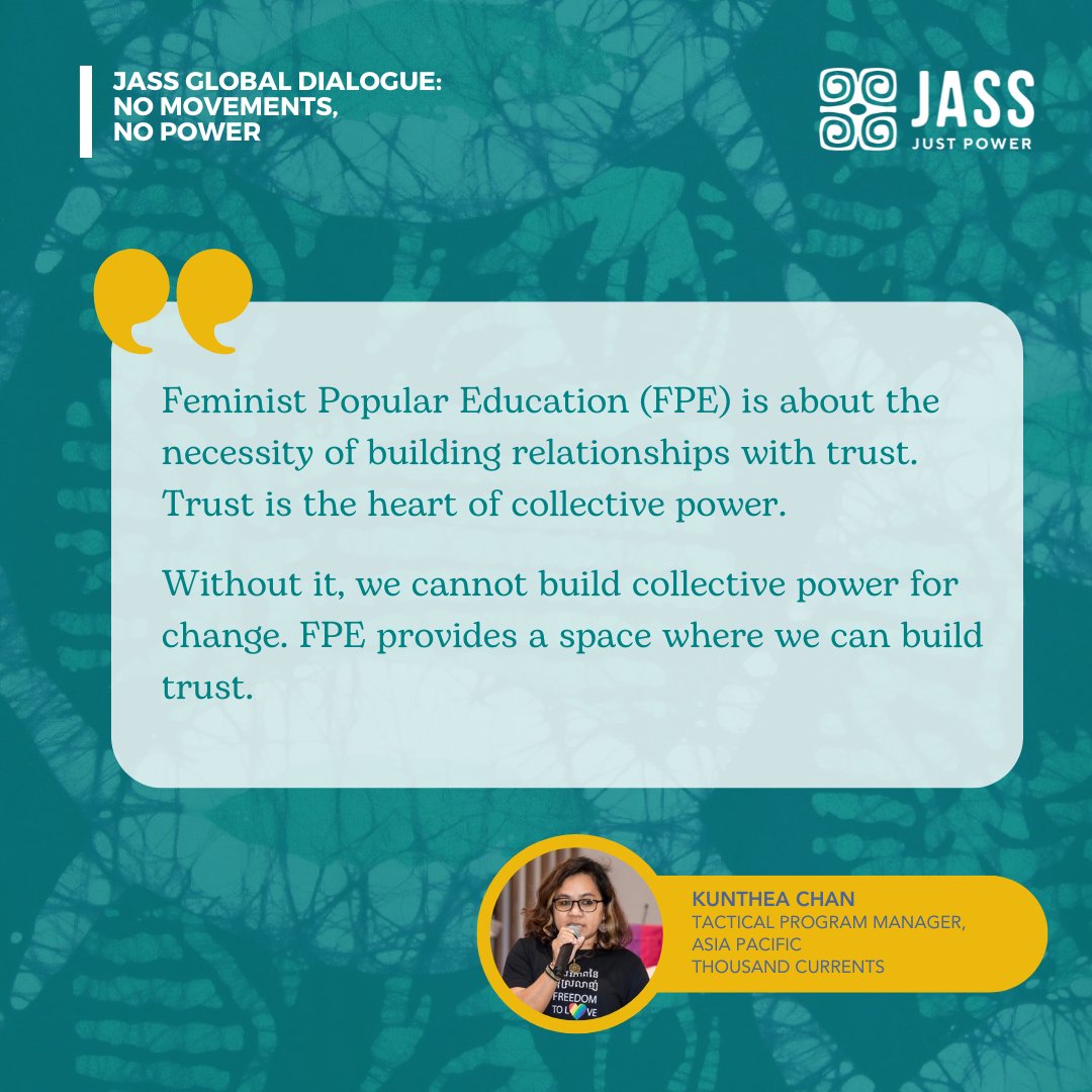 #FeministPopularEducation (FPE) centers #collectivecare and trust, which allows womxn to build comradeship, strategize, and exercise #CollectivePower.

During the #NoMovementsNoPower Dialogue, Kunthea spotlights how #FPE provides spaces where trust is key in building #JustPower.