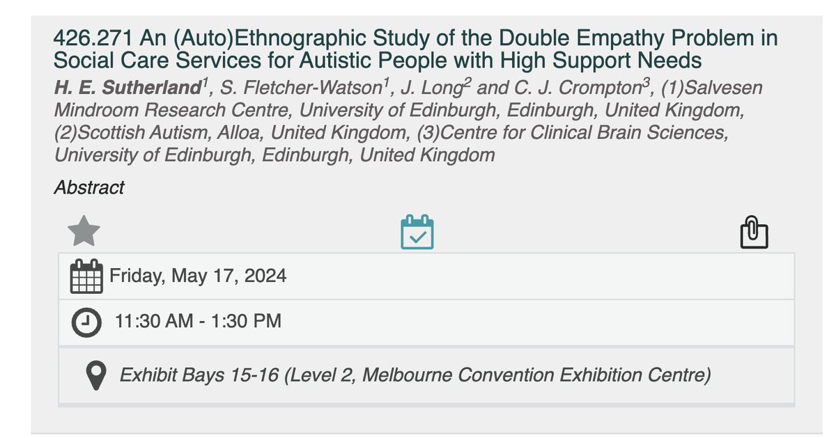 Finally, the wonderful @heasutherland will be at the Friday lunchtime poster session with her fantastic ethnographic study of the double empathy problem in social care settings ⬇️