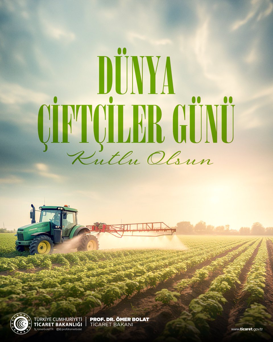 Ekonomimizin sac ayaklarından ülkemiz tarımının, her yönüyle ayrılmaz bir parçası olan kıymetli çiftçilerimizin #DünyaÇiftçilerGünü’nü kutlarım. Ticaret Bakanlığı olarak bugüne kadar olduğu gibi bugünden sonra da pazarlama, ihracat, teknoloji, finansman desteği gibi pek çok…