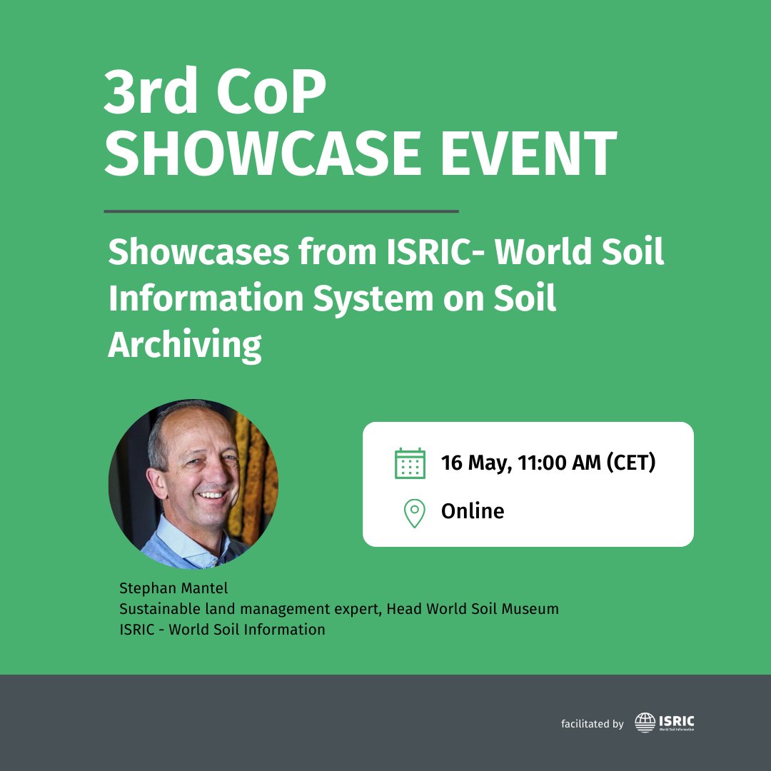 📣 Join the 3rd virtual showcase #event of the Africa #SoilInformation Community of Practice on 16 May, 11:00 AM (CET). @WorldSoilMuseum @stephanmantel will present showcases from ISRIC-World Soil Information System on Soil Archiving. 👉 Register here: bityl.co/Psg6