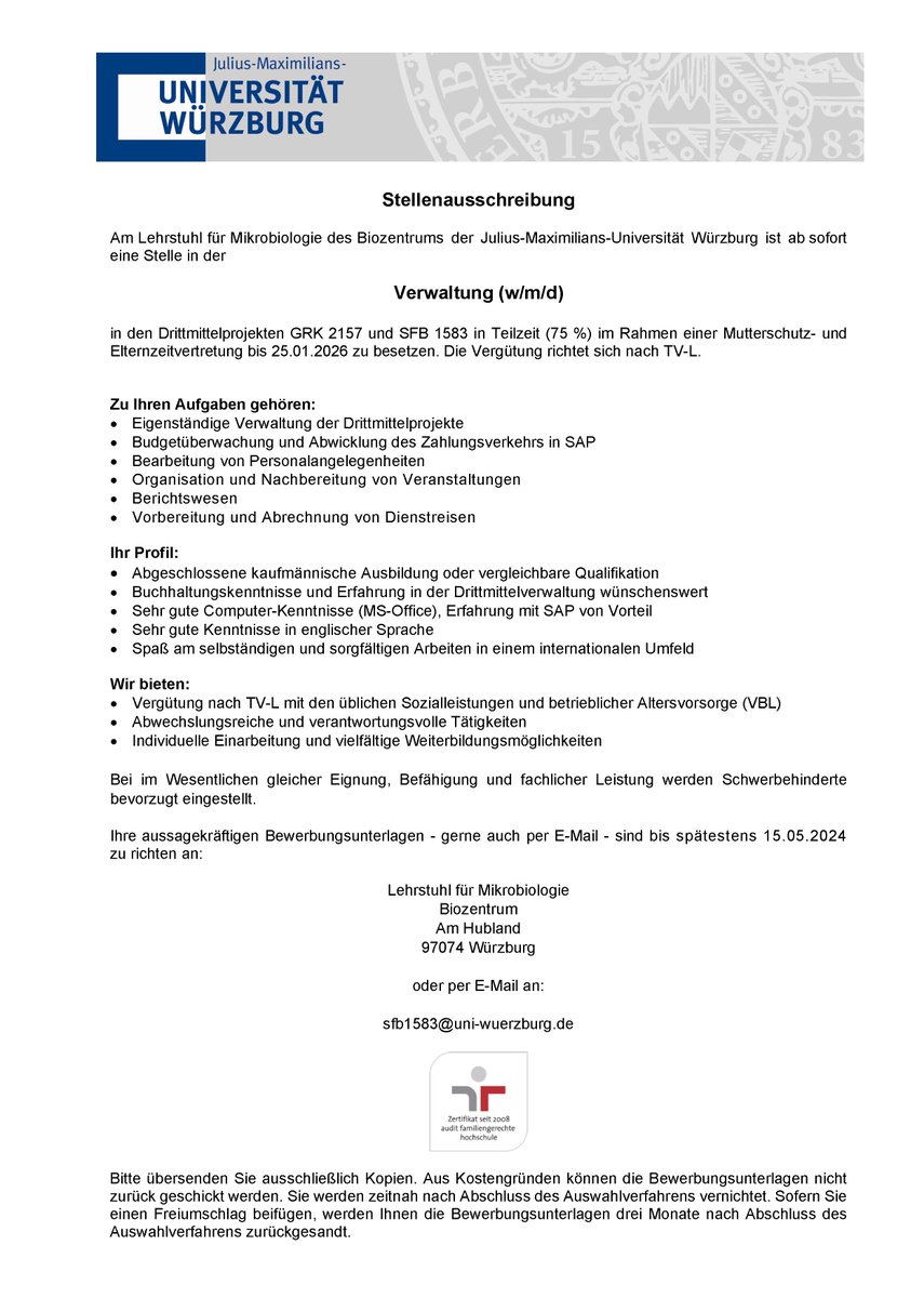 At the Chair of Microbiology, we are looking for a coordinator to support the administration of two scientific consortia. Details below!  Please, spread the information #JobAlert #academicjobs