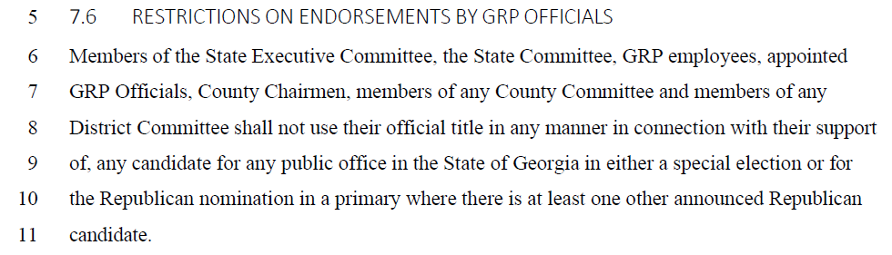 @CristiSteel @GeorgiaExaminer @GJasonThompson @KandissTaylor Yes, the January motion by the GAGOP Secretary was too early b/c the GAGOP had just taken $25,000 from 9 Presidential primary candidates. It is hypocritical & unethical to take money from candidates & immediately endorse 1 candidate before the primary.