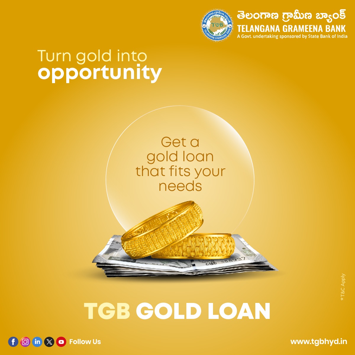 Turn your gold into cash with our competitive-interest rates on Gold Loans.

#GoldLoans #Gold #Pledge #TGBCares #TGBTalks #SBI #TGB #GoldBangles #Jewellery #JL