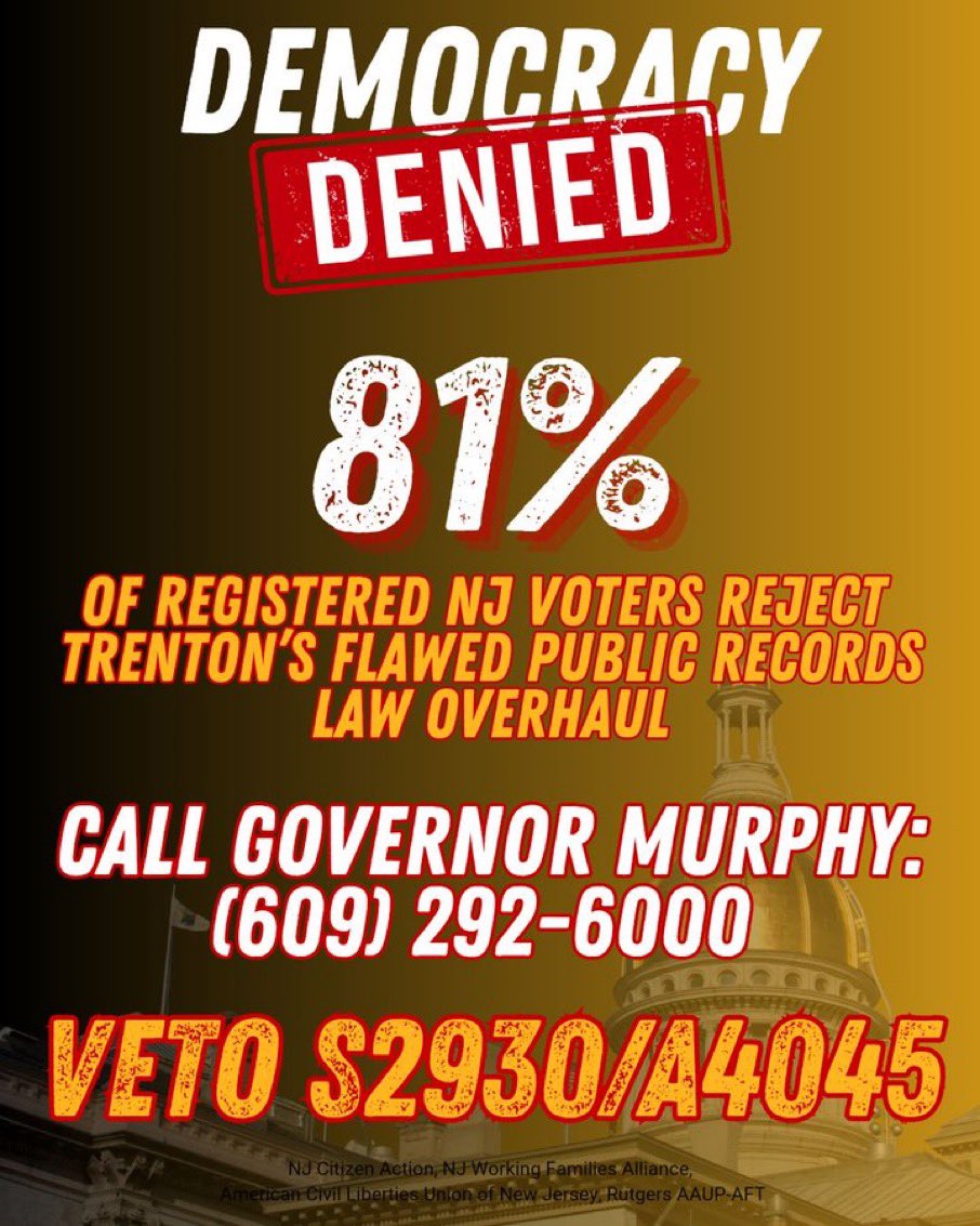 🚨 NEW JERSEY 🚨

@GovMurphy needs to hear from you TODAY!

He must hear that gutting the Open Public Records Act is unacceptable & you expect him to use his veto. Let him know how disappointed you are that the legislature passed such a bad bill.

#DemCastNJ #DemVoice1 #wtpBLUE