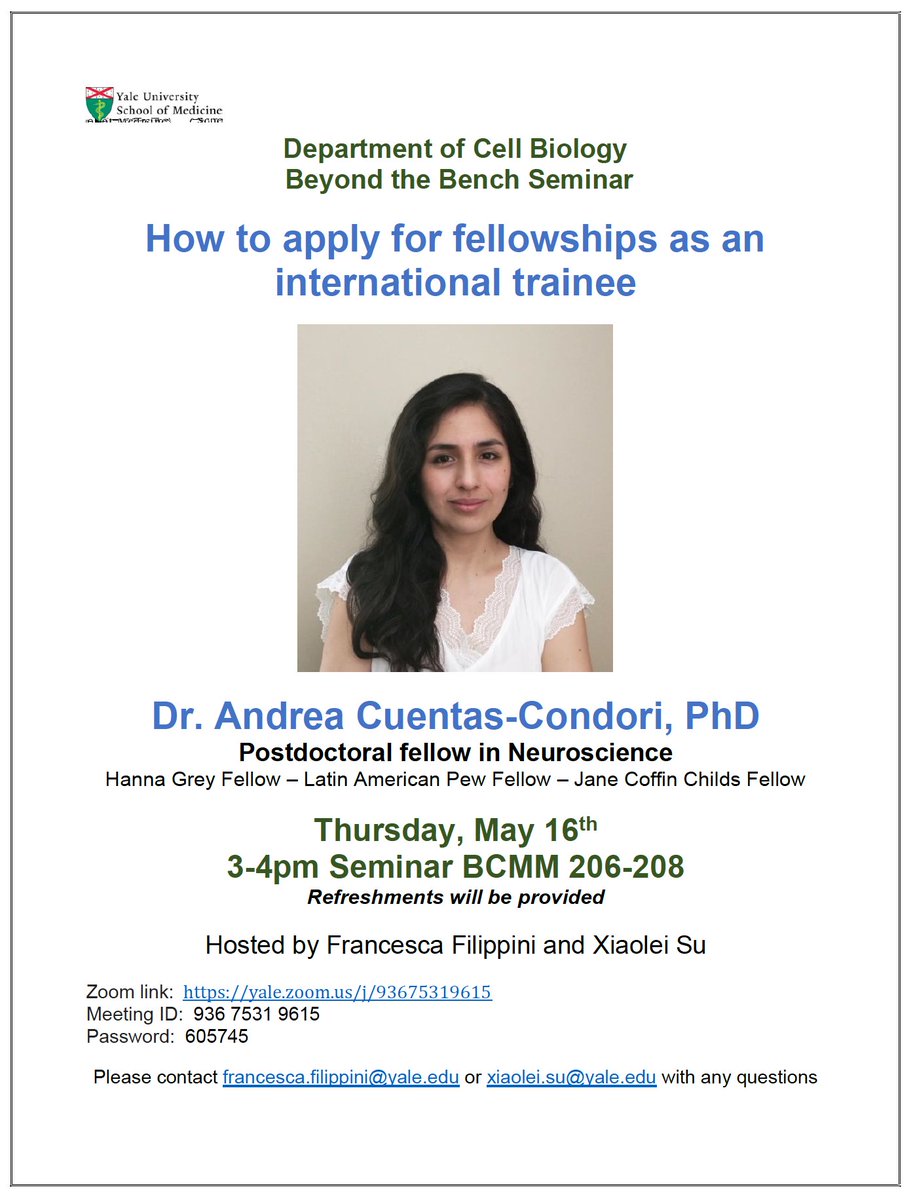 Andrea Cuentas-Condori 🇵🇪🔬🐛🧠 (@andreacuentas91) on Twitter photo 📢Come join us this Thursday! We'll discuss fellowship applications (both grad and postdoc) as an #InternationalTrainee in the US. If you are transitioning to a postdoc, this talk may help you prepare ahead ;) <a href="/YaleCellBio/">Yale Cell Biology</a> <a href="/YaleNeuro/">Yale Neuroscience</a> <a href="/YalePostdocAsso/">Yale Postdoctoral Association (YPA)</a>
📅05/16
⏲️3pm 📢Come join us this Thursday! We'll discuss fellowship applications (both grad and postdoc) as an #InternationalTrainee in the US. If you are transitioning to a postdoc, this talk may help you prepare ahead ;) <a href="/YaleCellBio/">Yale Cell Biology</a> <a href="/YaleNeuro/">Yale Neuroscience</a> <a href="/YalePostdocAsso/">Yale Postdoctoral Association (YPA)</a>
📅05/16
⏲️3pm
