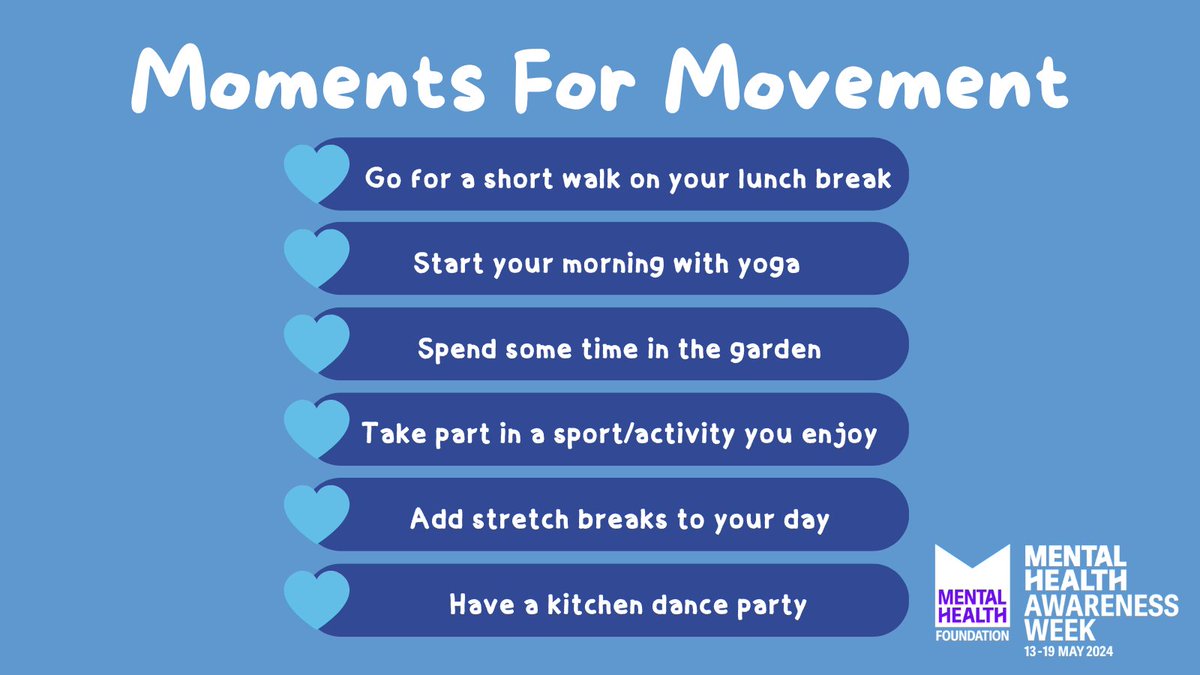 This week is #MentalHealthAwarenessWeek with a focus on #MomentsForMovement and the importance of getting moving to support our mental health. Movement is a form of self-care and helps to reduce stress, depression and anxiety, and improve energy, productivity, and happiness.