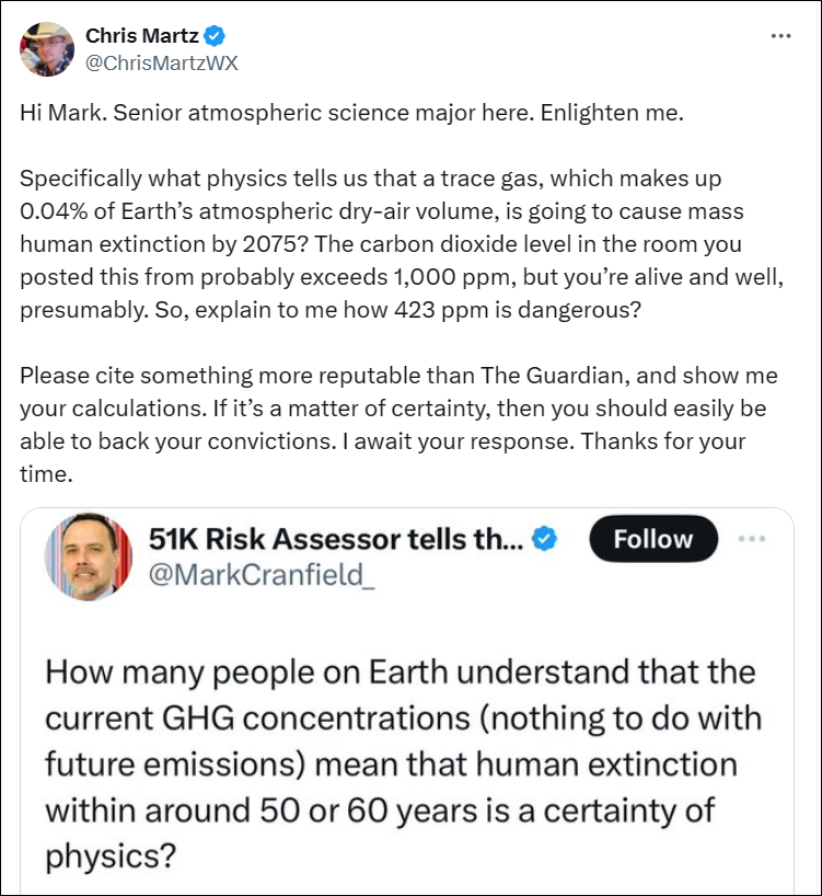 It's virtually impossible to believe that anybody studying a climate-related subject is stupid enough to write a post like this. @ChrisMartzWX thinks the greenhouse effect is to do with toxicity 😀.