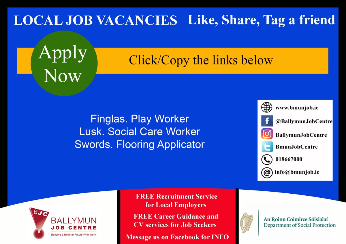 👉 Visit us at: Bmunjob.ie

Vacancies #bmunjob #jobfairy #dublinjobS
Finglas. Play Worker
jobsireland.ie/en-US/job-Deta… 
Lusk. Social Care Worker
is.gd/maa1Z0
Swords. Flooring Applicator
jobsireland.ie/en-US/job-Deta…