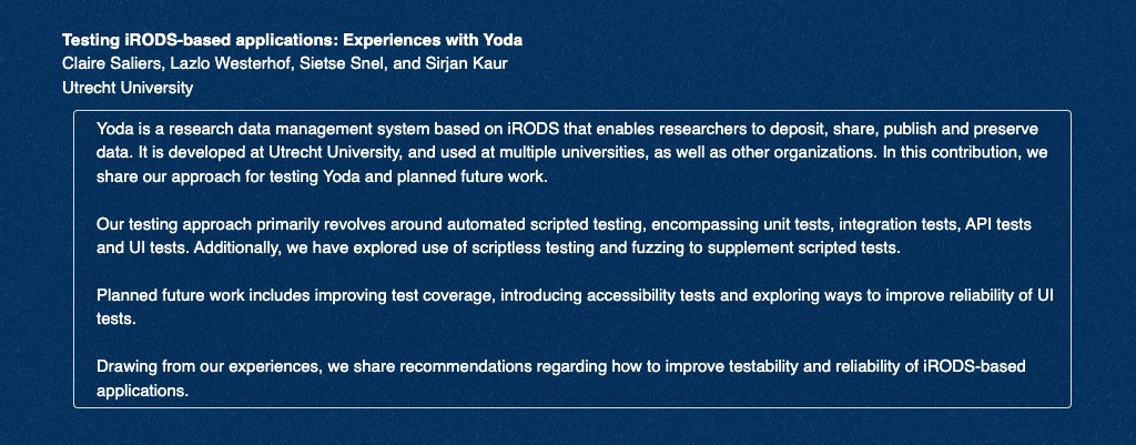 You don't have to travel to a galaxy far, far away to learn about @UniUtrecht's experience with testing Yoda + their recommedations to improve the reliability of #iRODS-based applications. Catch this #iRODSUGM preso t 3:20 PM CET / 9:20 AM ET on May 29. irods.org/ugm2024/
