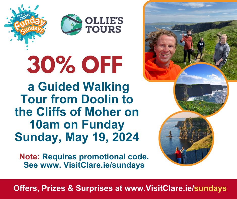 A Guided Tour with Ollie's Tours 💛💙 Experience the beauty of the Cliffs of Moher like never before! Guided by Ollie, your expert guide, you’ll take a breathtaking cliff walk route to appreciate the stunning views from Clare, For this offer & more visitclare.ie/sundays/
