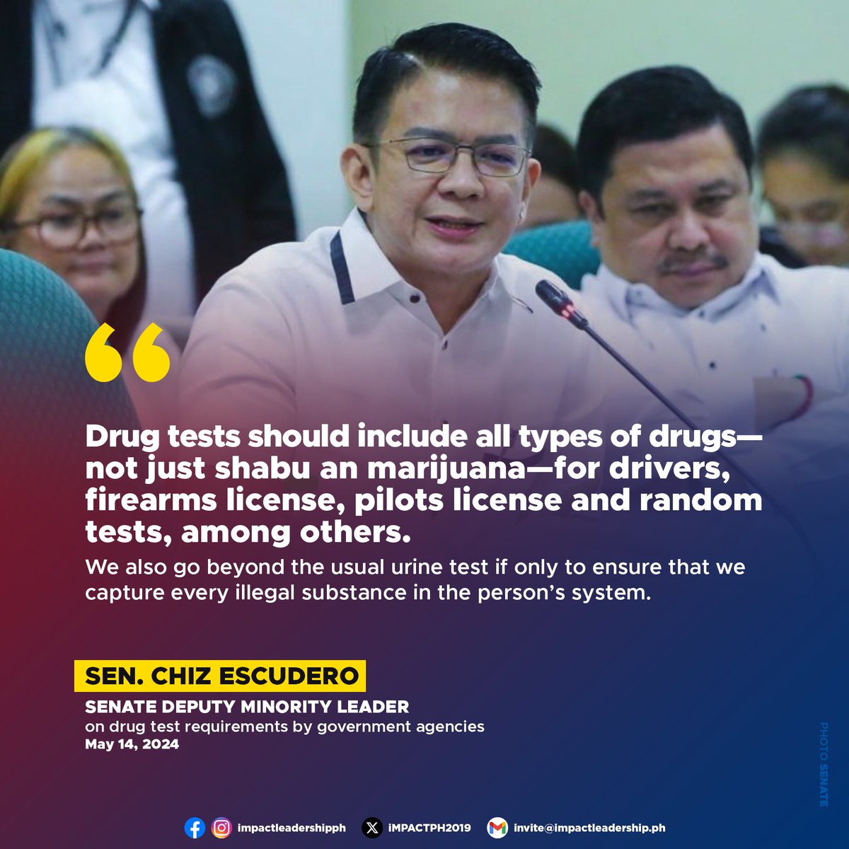 'DRUG TESTS SHOULD INCLUDE ALL TYPES OF DRUGS'

Sen. Chiz Escudero says drug test requirements by government agencies should encompass all types of drugs, including so-called 'rich man's drugs' such as cocaine and ecstasy.