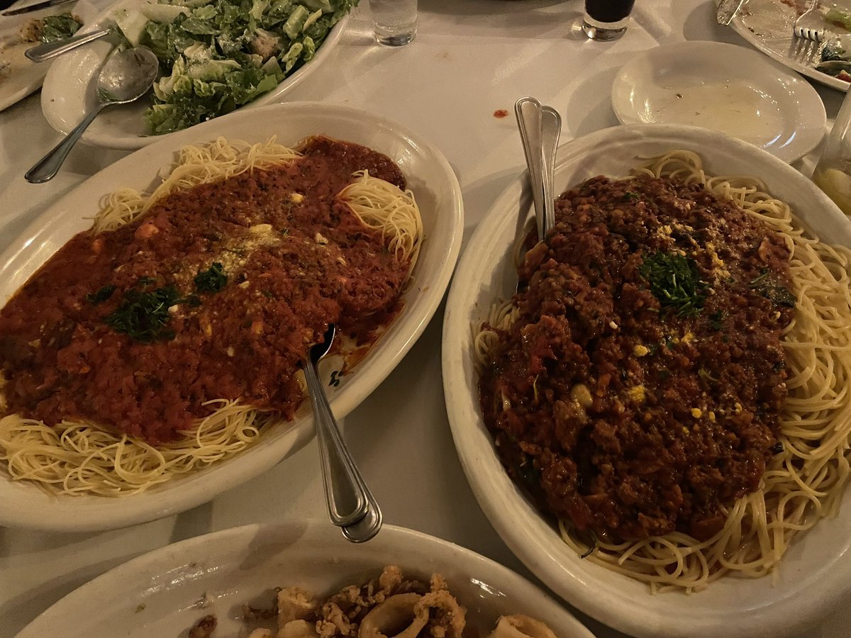 Last night we are at Carmines. It was an Italian restaurant that served “family style” portions. It wasn’t calamari. It was a kraken. It wasn’t a Caesar salad. It was Central Park. It wasn’t two large pasta dishes. It was East and West Virginia made out of carbs 😵‍💫😂💀❤️