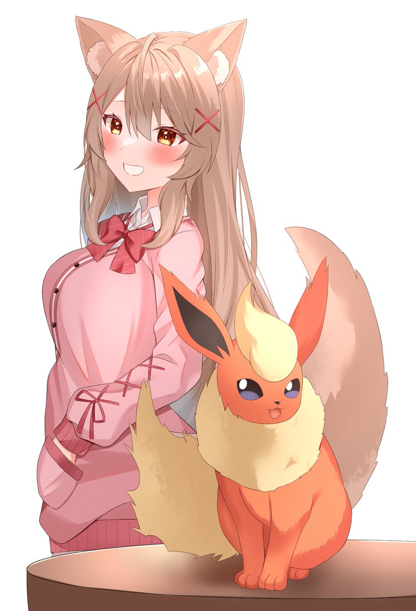 flareon 1girl long hair breasts looking at viewer blush smile simple background  illustration images