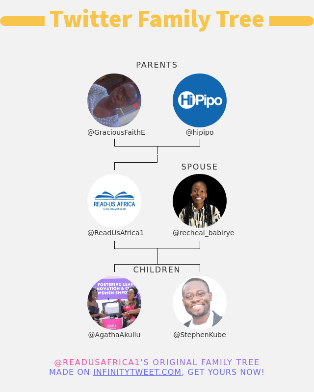 👨‍👩‍👧‍👦 My Twitter Family: 👫 Parents: @GraciousFaithE @hipipo 👰 Spouse: @recheal_babirye 👶 Children: @AgathaAkullu @StephenKube ➡️ infinitytweet.me/family-tree