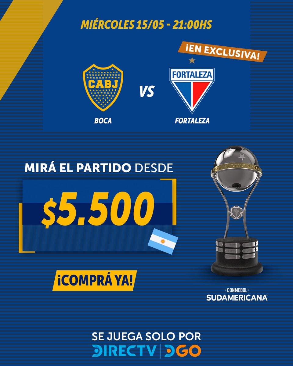 ⏳ ¡No te lo pierdas! Boca 🆚 Fortaleza por la CONMEBOL Sudamericana Comprá el partido:🔗directvla.com 🗓️15 de mayo: 21 hs 🇦🇷🇺🇾 / 20 hs 🇨🇱 / 19 hs 🇨🇴🇪🇨🇵🇪 #BocaLoVale #EnLaPielDeBoca #BocaSudamericana