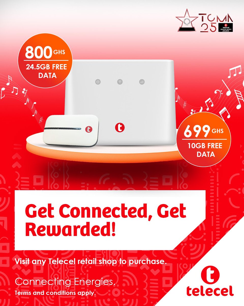 Purchase a router or MiFi and get 24.5GB and 10GB data respectively as well as other rewards. Visit any Telecel retail shop to buy your preferred connected device today. #Telecel #ConnectingEnergies