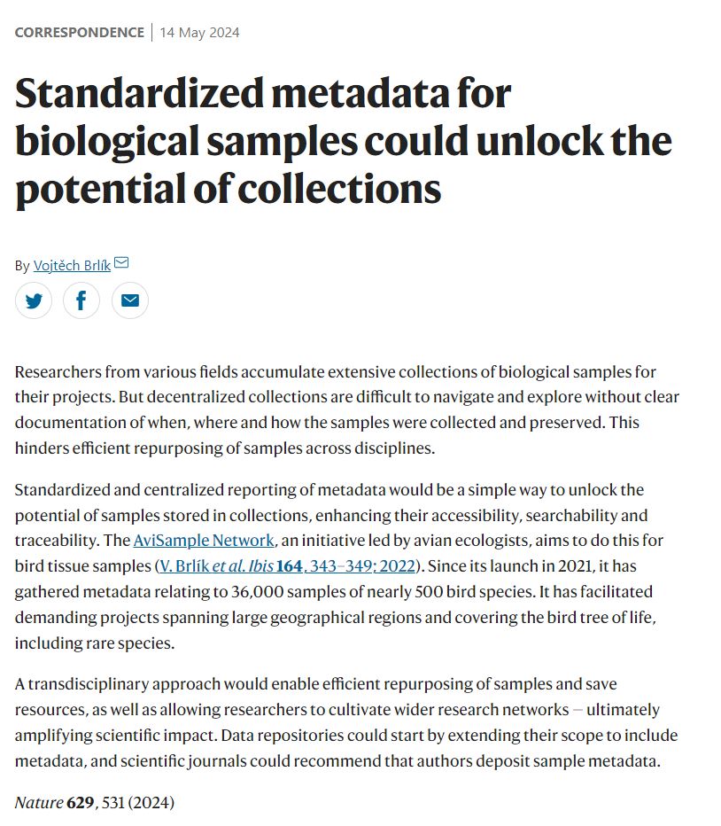 Reposition of #sample #metadata has the potential to boost scientific impact across #biology disciplines.

Right now <a href="/Nature/">nature</a>: nature.com/articles/d4158…

Our initiative was first introduced in @IBIS_jounal along with the <a href="/AviSampleNet/">AviSample Network</a> metadata repository. #ornithology