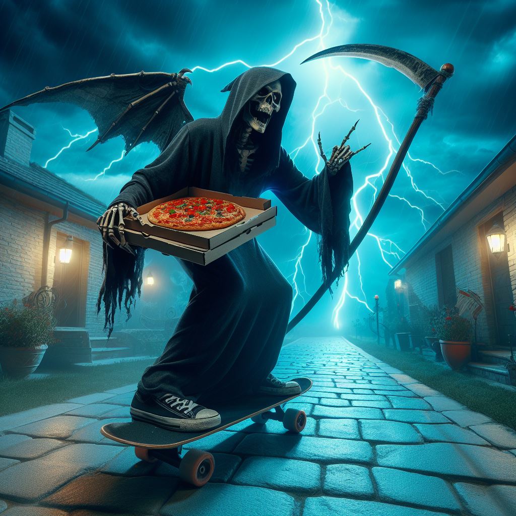 Good atfternoon, everyone. i was going to send out for a pizza, but I dont think I'll bother now!! #aiart #aiartist #digitalart #digitalartist #modernart #modernartist #visualart #visualartist #grimreaper #aiartwork #aiartgallery #artificialintelligence #bingimagecreator #dalle3