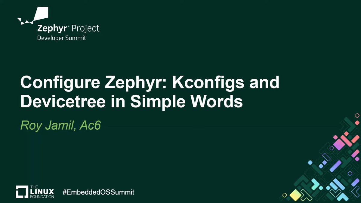 Watch the recording of my latest talk at the Zephyr Developers Summit:
"Configure Zephyr: Kconfigs and Devicetree in Simple Words."
Link: youtube.com/watch?v=XimbF9…

<a href="/Ac6Embedded/">Ac6</a>  <a href="/ZephyrIoT/">Zephyr Project</a>