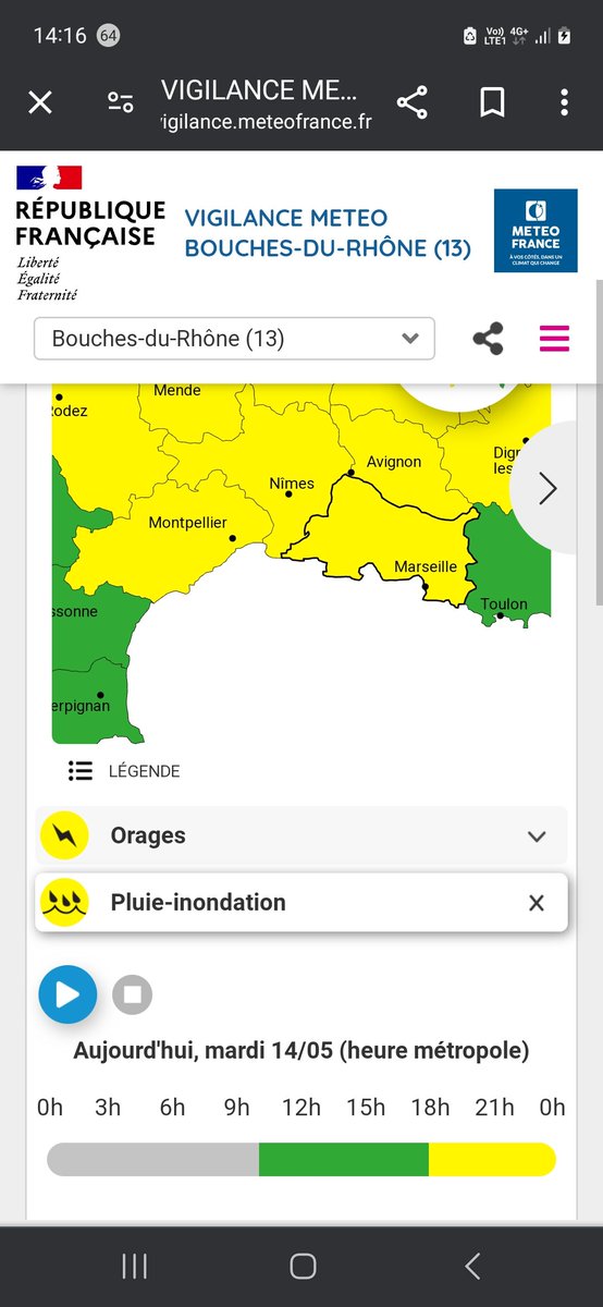 #METEO13 | 🟡 Mardi 14 mai, les #BouchesDuRhone sont en vigilance JAUNE pour pluie-inondation et orages dès la fin d'après-midi. ⚠️ Prudence lors de vos déplacements. ℹ️ Les prévisions 👉 vigilance.meteofrance.fr/fr