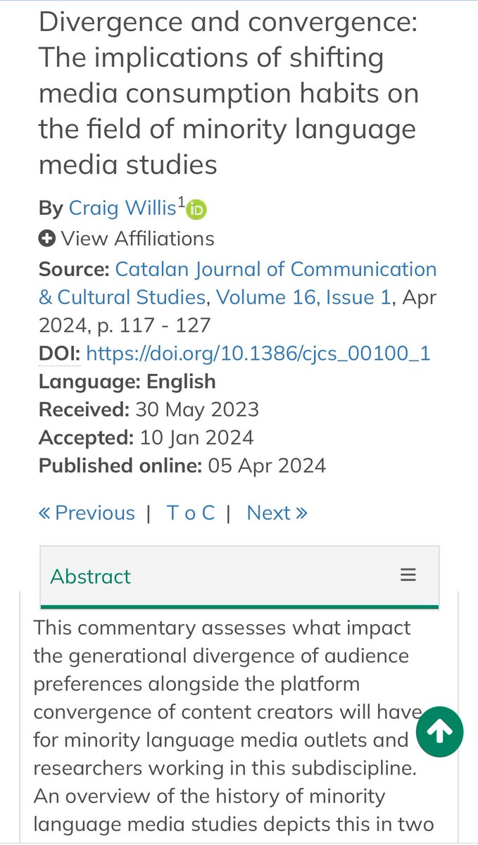 My contribution to <a href="/catalanjournal/">Catalan Journal of Comm & Cultural Studies</a> looks at changing media trends and consequences for <a href="/minority_media/">International Minority Language Media Research</a> research. Focusing on the generational split of social media consumption and individual/institutional actors competing on TikTok and Instagram. 🔗 doi.org/10.1386/cjcs_0…
