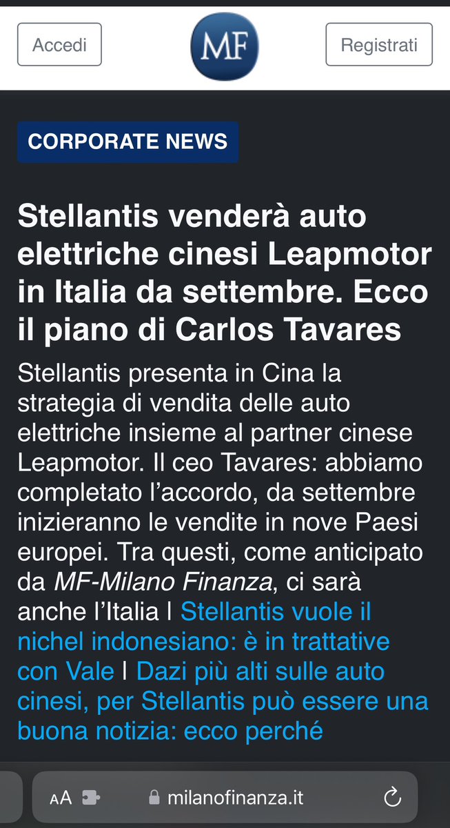 Ma come? Il girasagre ministro dei trasporti racconta che le auto elettriche sono una fesseria e poi Stellantis venderà da settembre auto elettriche prodotte in Cina 🤣🤣🤣🤣
E il governo non sapeva niente? Seeeeeeee

Viva l’elettrico !!!!