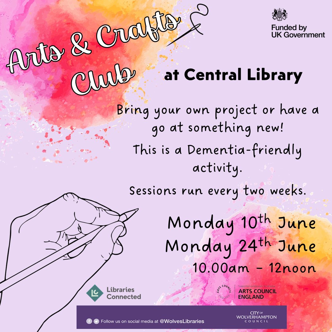 Explore your creativity at our Central library Arts & Crafts club in June 🎨 Sessions run 10.00am - 12noon on Monday 10th and Monday 24th June. Hope to see you there!✨ This is a Dementia-friendly activity and part of the Know Your Neighbourhood project 🏠