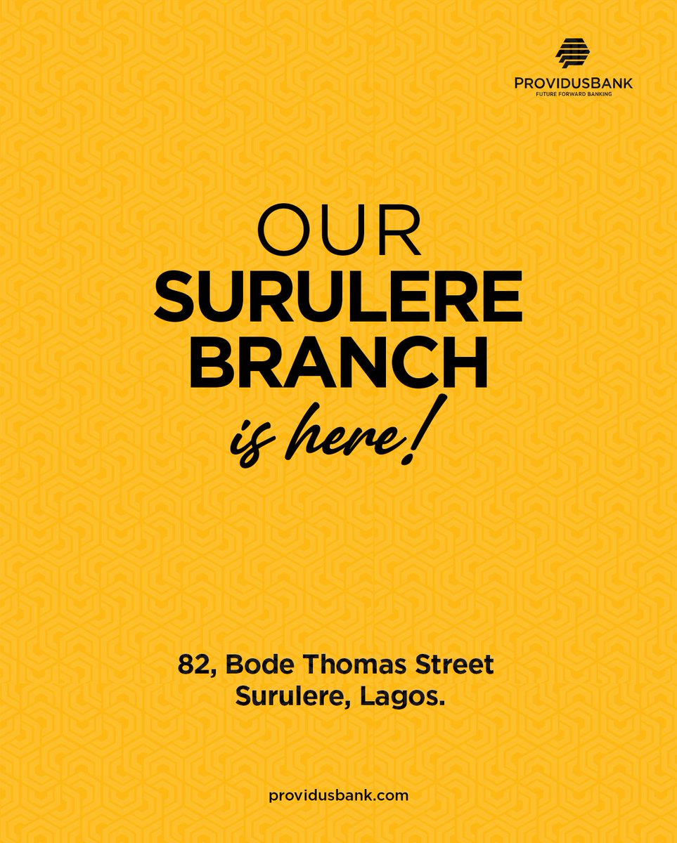 New Branch Alert:
Today, we opened our Surulere branch at 82 Bode Thomas Street, Surulere, Lagos.
Visit us for all your financial needs and be sure to enjoy an exclusive banking experience.
providusbank.com
#FutureForward #ProvidusBank