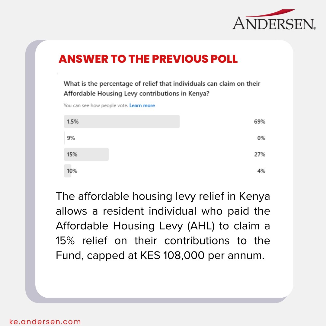 The correct answer to the previous poll is 15%. Did you get it right?

#AnderseninKenya #AffordableHousingLevy #AHL