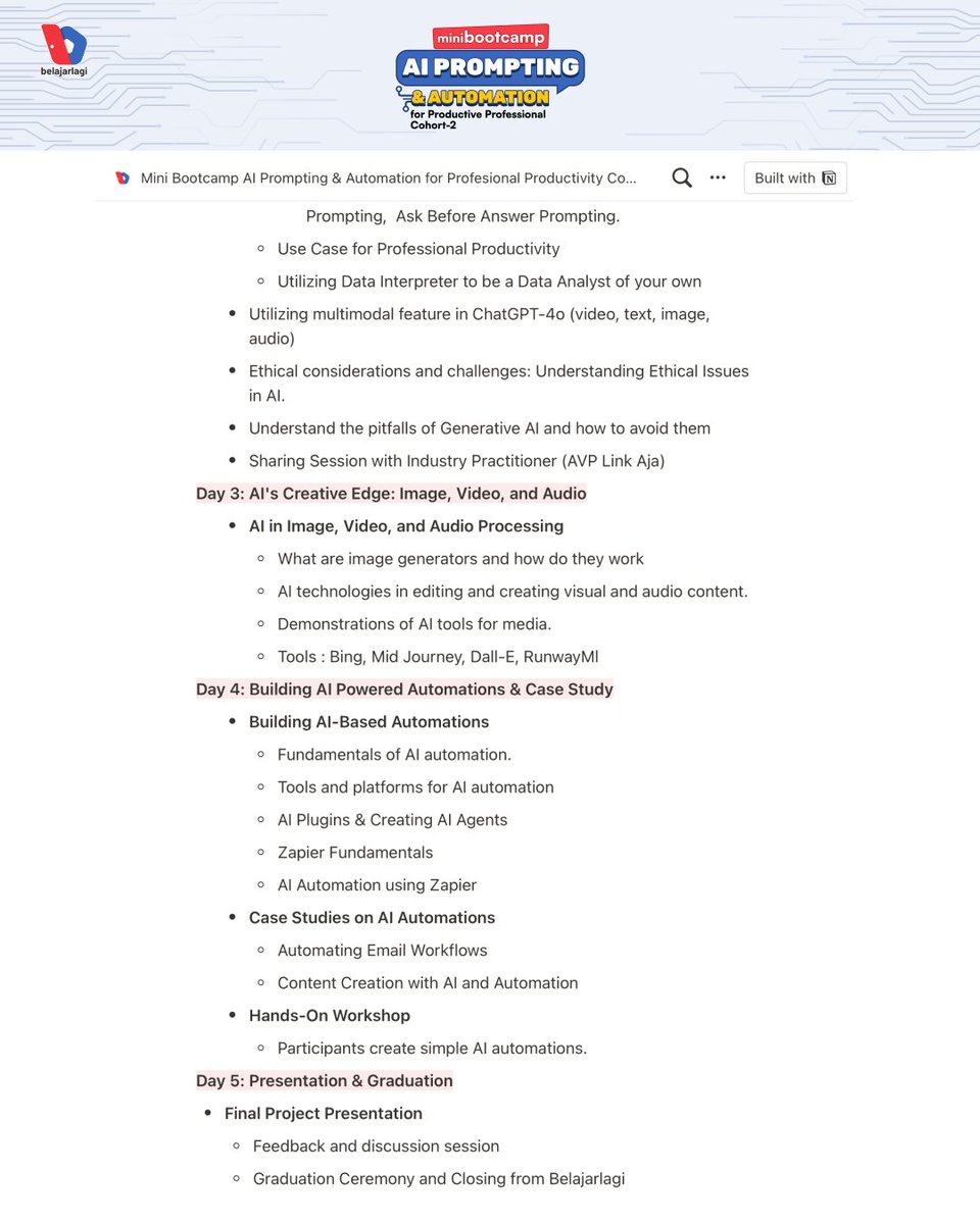 Mini Bootcamp AI Prompting for Productive Professional Cohort-2 Dari mulai Prompting techniques, Automation with Zapier & Tools lain, Sampe Advance Image Gen with Midjourney + Case Study Unik Gen AI di professional & daily life Regist now (Limited) 👇 bit.ly/DaftarMBAIBela…