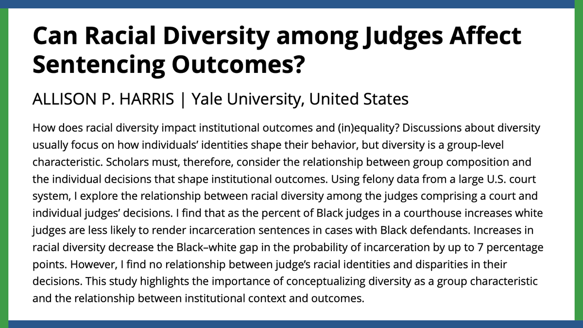 Can racial diversity among judges affect sentencing outcomes? @AlliPatter demonstrates the critical impact of Black judges on white judges' sentencing. #APSRNewIssue ow.ly/LnV150Rpp6M