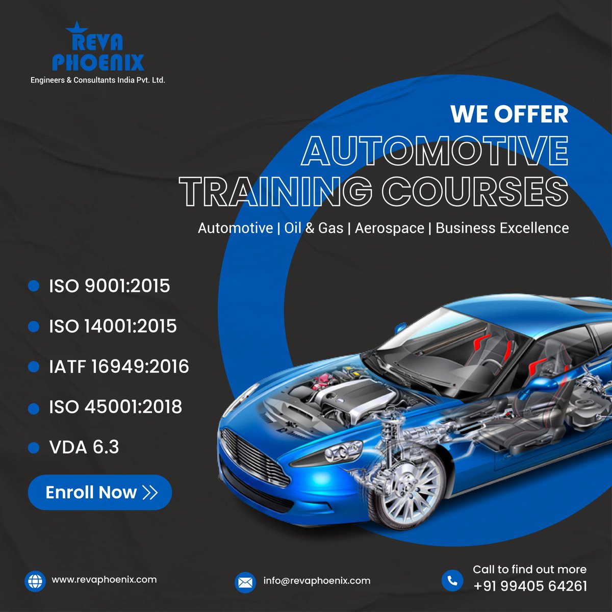 RevaPhoenix's tweet image. Training Announcement &amp;amp; offerings for the Automotive Sector. Get in touch with us for in-house trainings and for customized trainings delivered at your facility.
#revaphoenixconsultants #APISpecQ110thedition #api #apispecq1consulting #apispecq2consulting #apimonogramconsulting