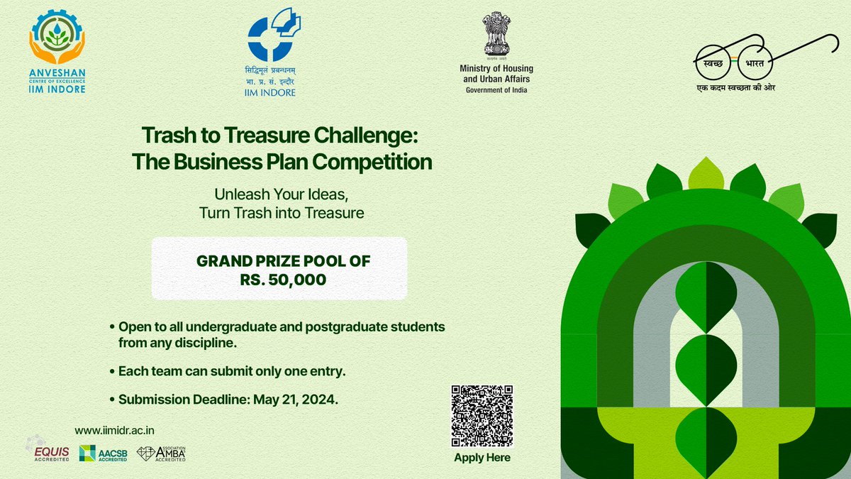 Get ready to #innovate for a #CleanIndia! 

ANVESHAN, #IIMIndore's Centre of Excellence, presents the Trash to Treasure Challenge - your chance to revolutionize waste management and sustainability aligned with Swachh Bharat Mission 2.0! 

Scan the QR code now! 

#SwachhBharat