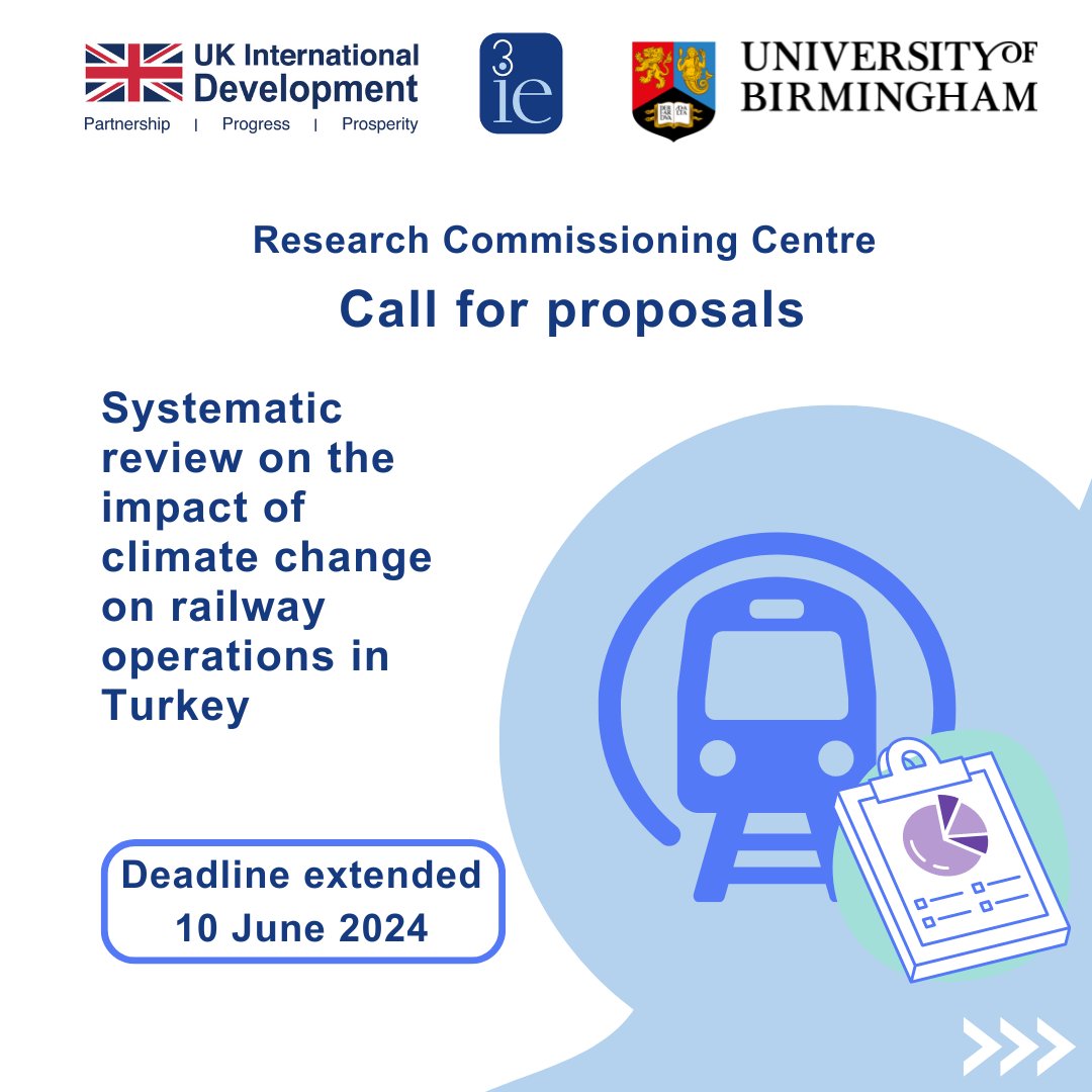 📣 Call for proposals! @FCDOResearch, @3ieNews and @unibirmingham invite applications for a systematic review of the impact of #climatechange on railway operations in #Turkey by 10 June. 📜 Read the detailed call and how to apply 👉🏽 bit.ly/cfpRCC