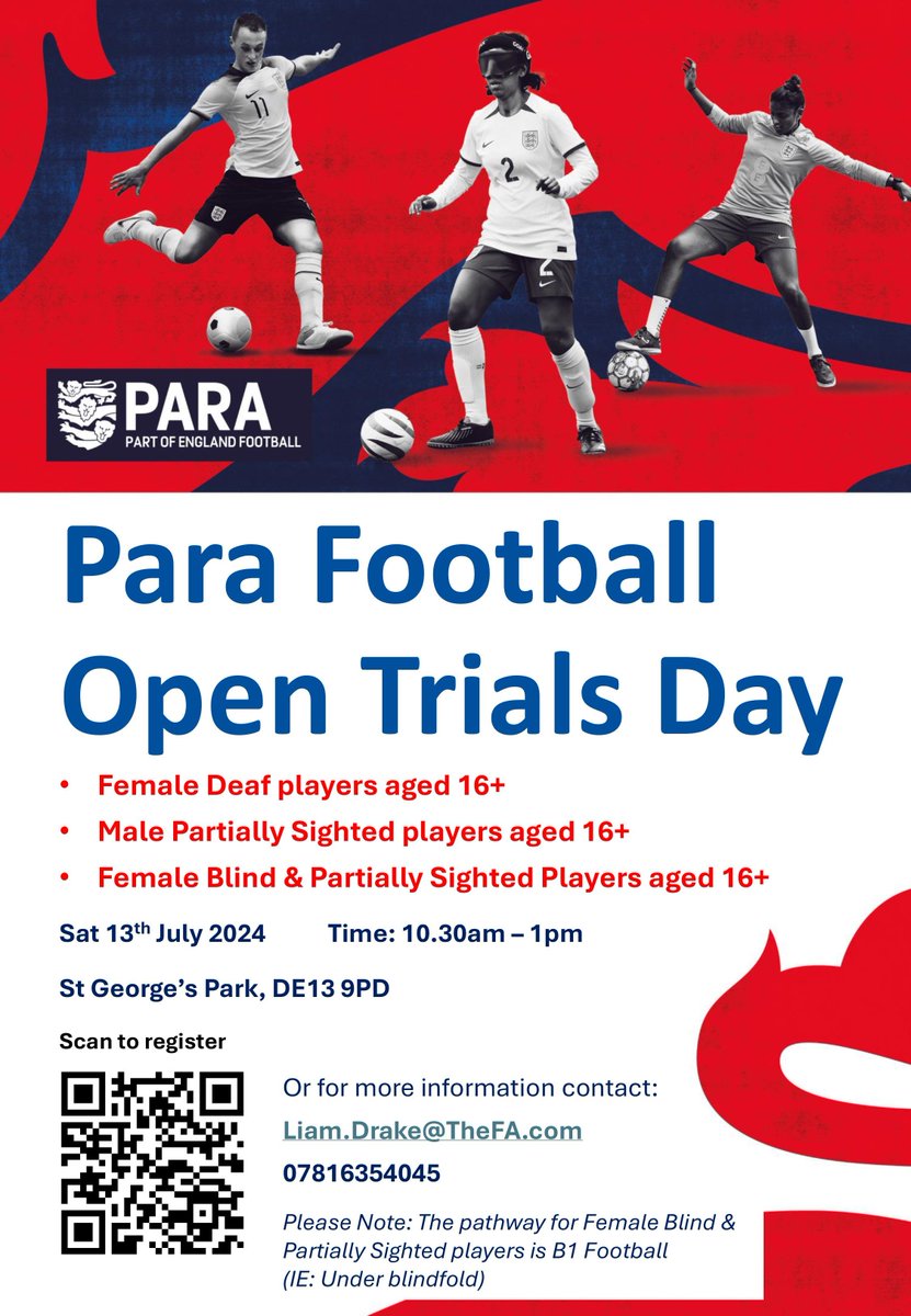 Do you, or someone you know, qualify for one of these Para pathways? ⚽ Deaf Women ⚽ Partially Sighted Men ⚽ Blind Women Sign up for the Para Football Open Trials Day at St George’s Park on Sat 13th July. 🗓️ ➡️ forms.office.com/e/6nn7HfT0aJ