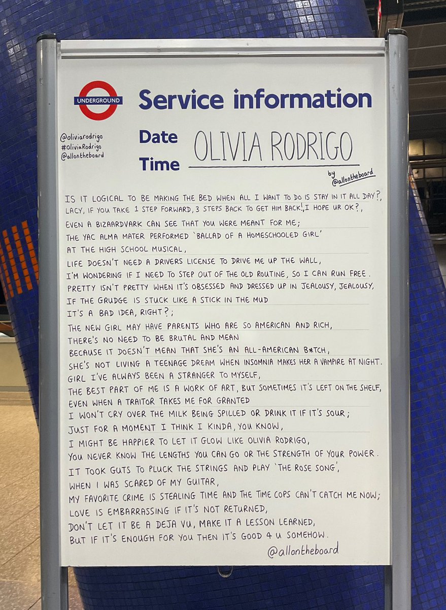 The one and only @oliviarodrigo is performing at @TheO2 in London for 4 nights. Have an amazing time to everybody going. The ‘Olivia Rodrigo’ poem by @allontheboard is at North Greenwich station now. #OliviaRodrigo #GUTSWorldTour #TheO2